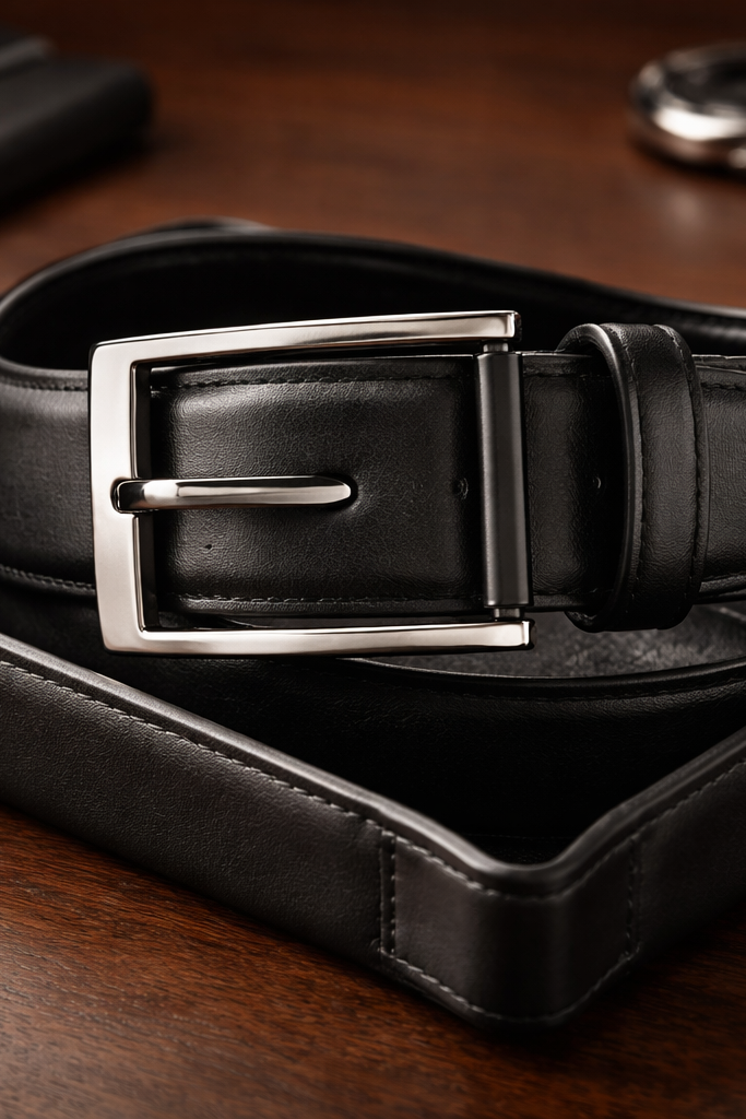 Vue de face de la ceinture en cuir noir au design épuré.