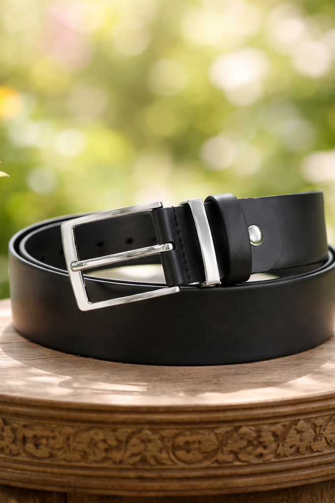 Vue latérale de la ceinture en cuir – fine structure du cuir et boucle élancée.