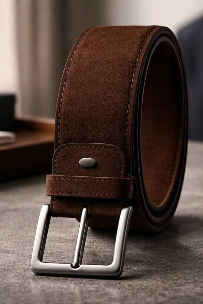 Ceinture en look business, portée avec un costume classique pour homme, soulignant l'élégance.