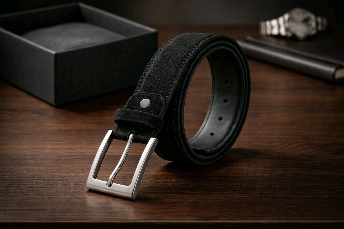 Ceinture noire sur fond blanc, silhouette élégante.