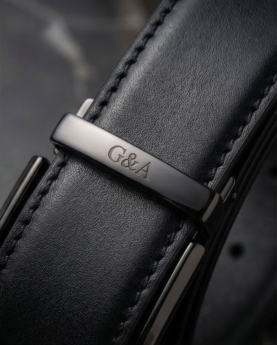 Gros plan sur la boucle minimaliste de la ceinture en cuir noir.