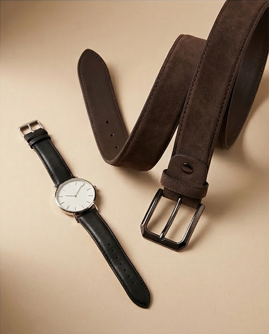 Vue latérale de la ceinture en daim avec coutures fines et boucle élastique.