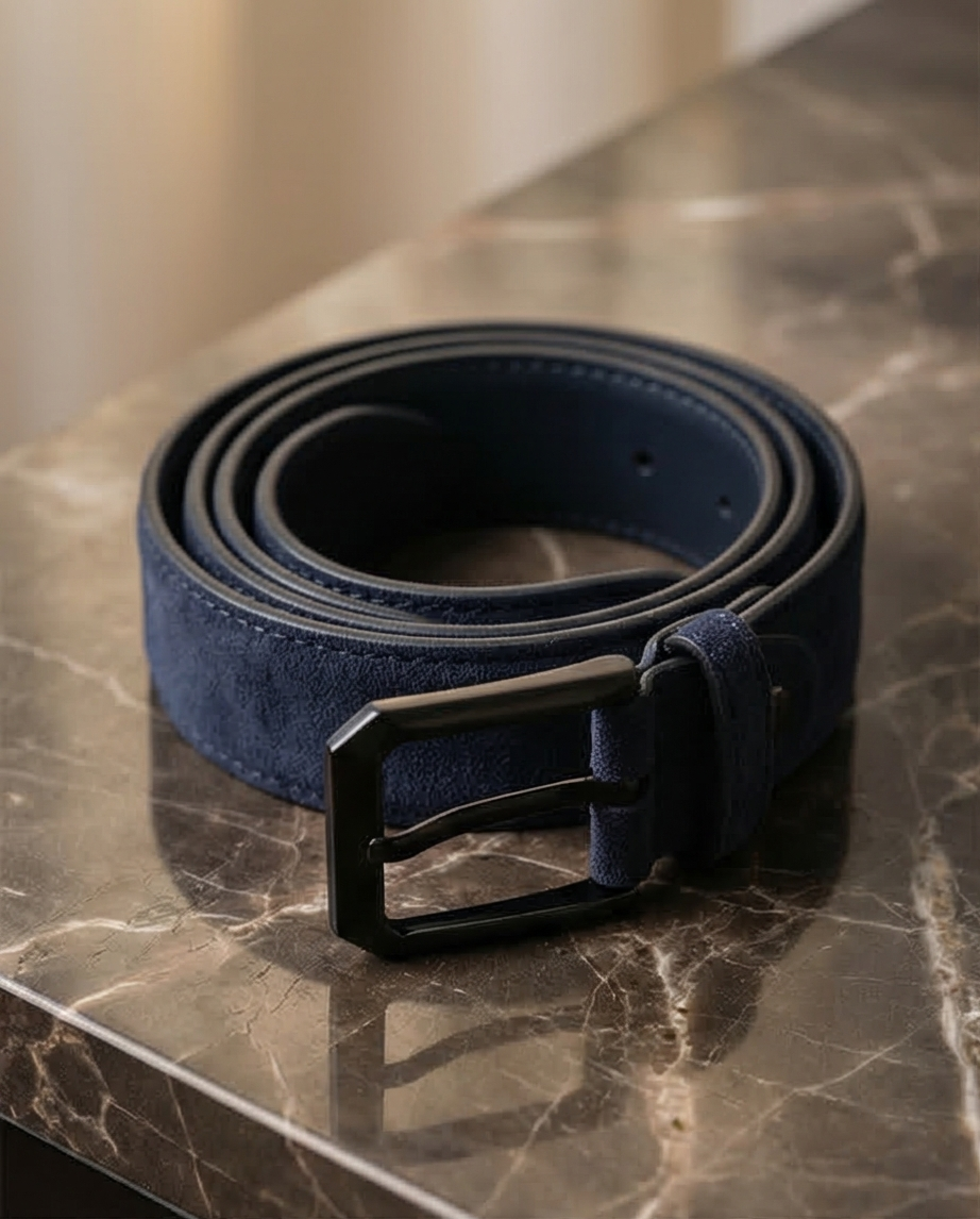 Detail der Lederstruktur des Marinblau Wildleder Gürtels, matte Textur