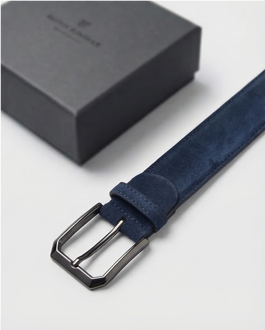 Marinblau Wildleder Gürtel in Smart Casual Outfit, moderne Kombination