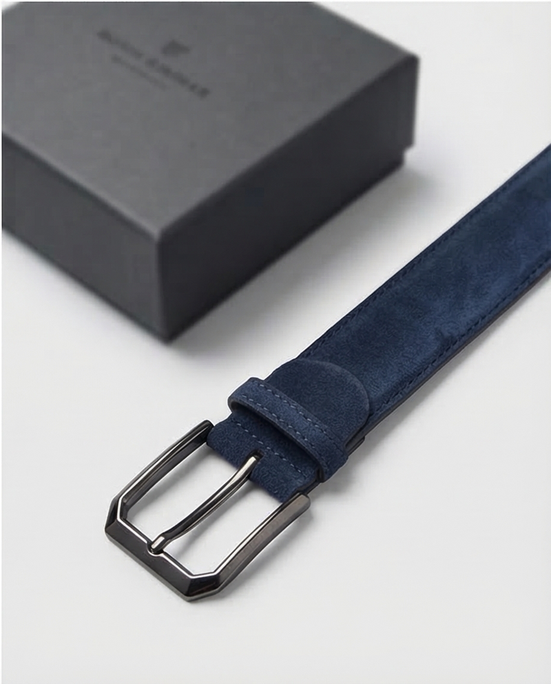 Marinblau Wildleder Gürtel in Smart Casual Outfit, moderne Kombination