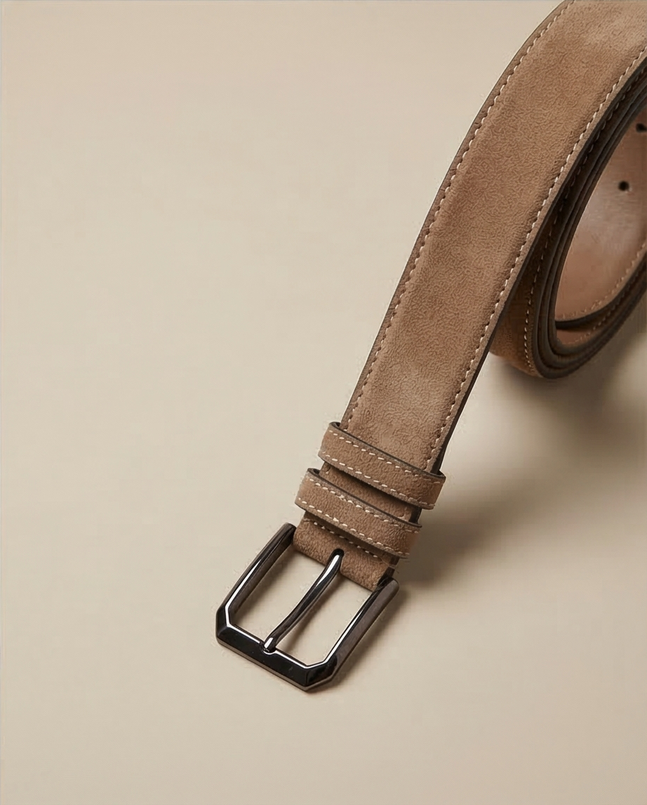 Wildledergürtel in Light Taupe kombiniert mit Jeans für einen Smart Casual Look.