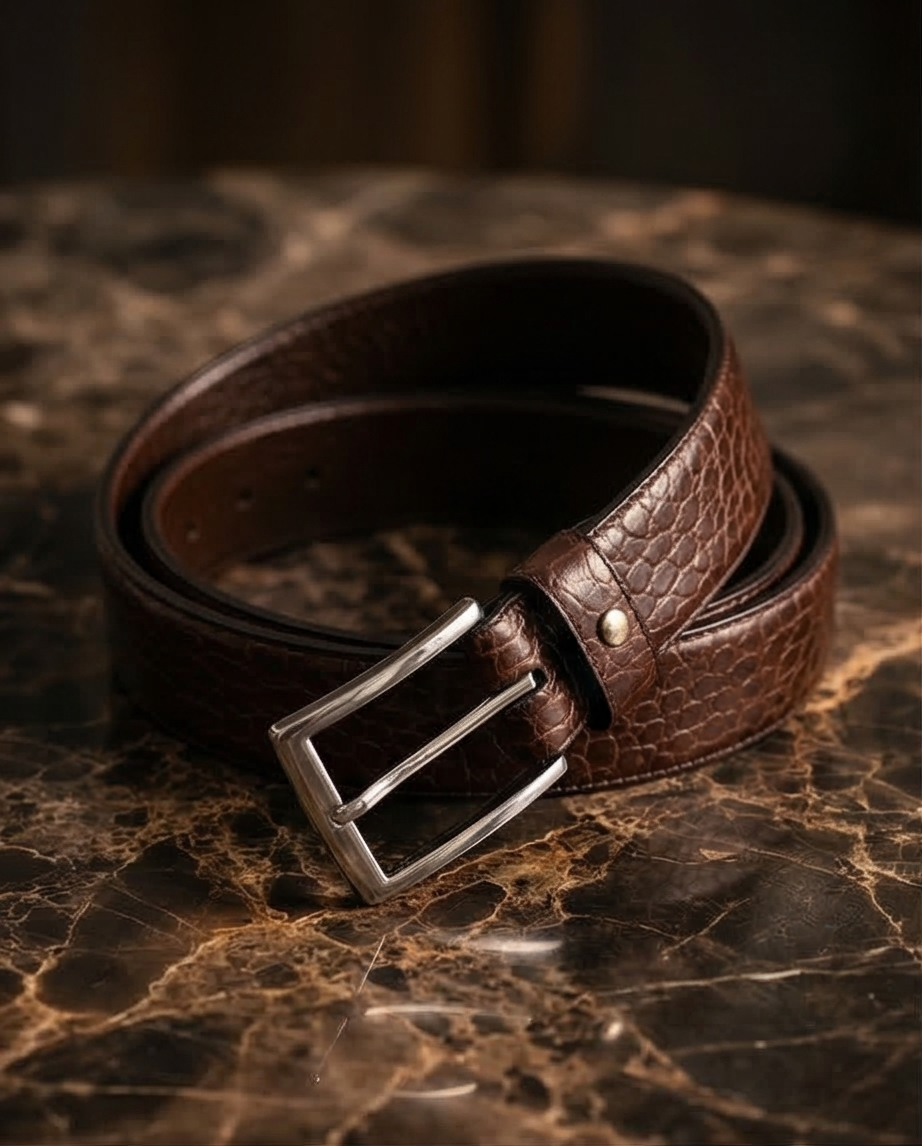 Vue arrière de la ceinture en cuir marron à l'imprimé crocodile
