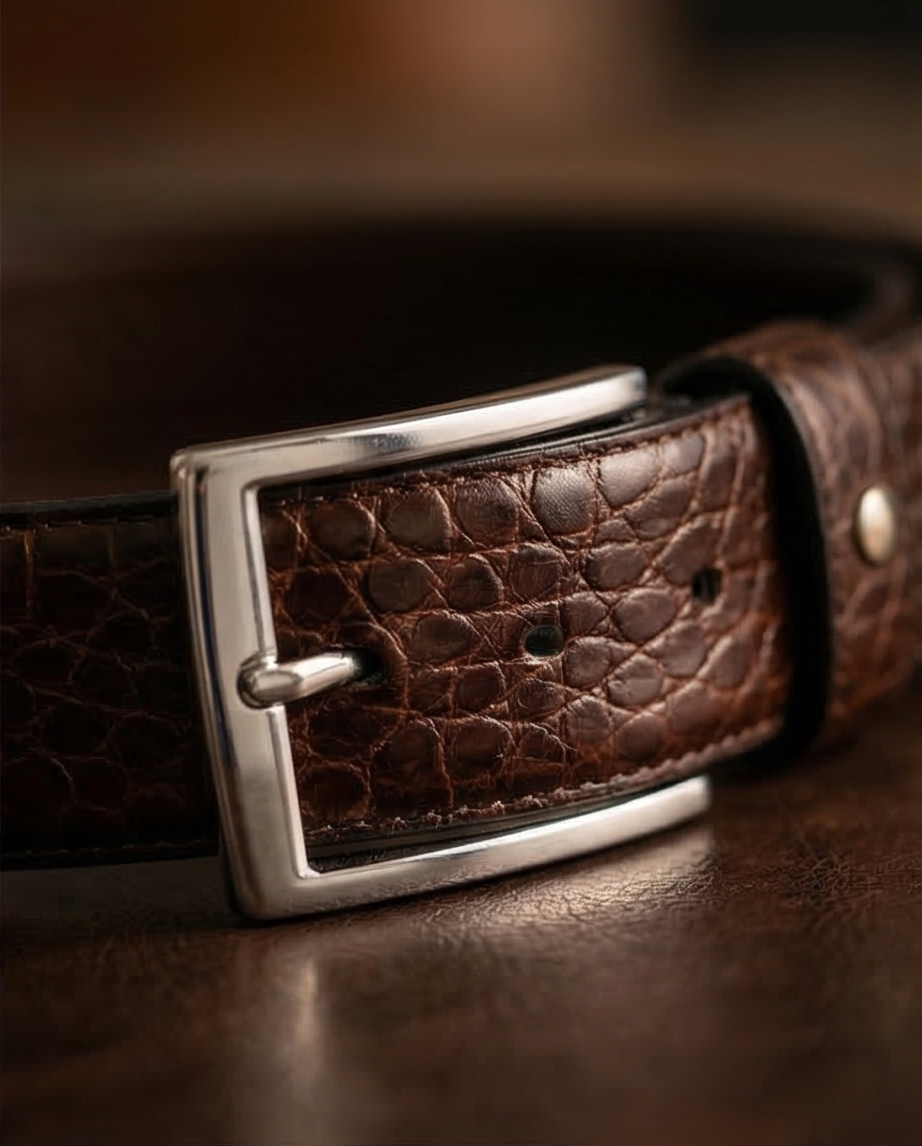 Vue de face de la ceinture en cuir marron avec grain croco et boucle argentée