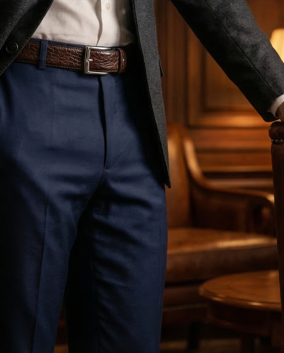 Vue latérale de la ceinture en cuir à l'imprimé crocodile et à la boucle argentée