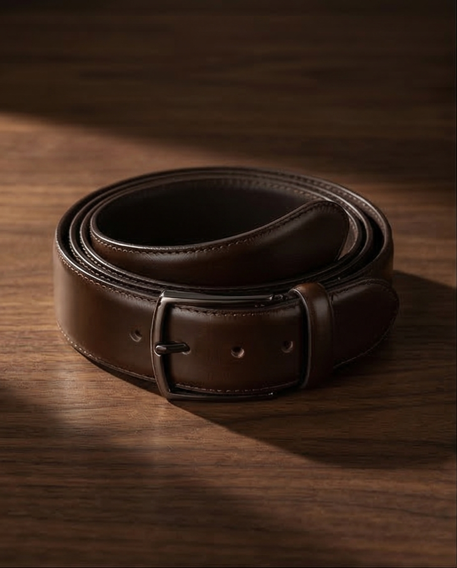 Homme portant la ceinture en cuir marron foncé lors d'un événement formel – look élégant