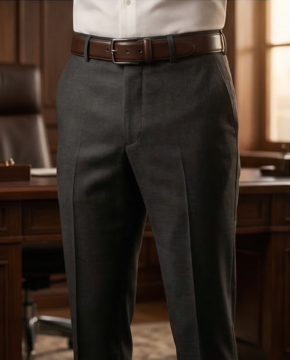 Vue latérale de la ceinture en cuir, montrant la fine texture du cuir marron foncé