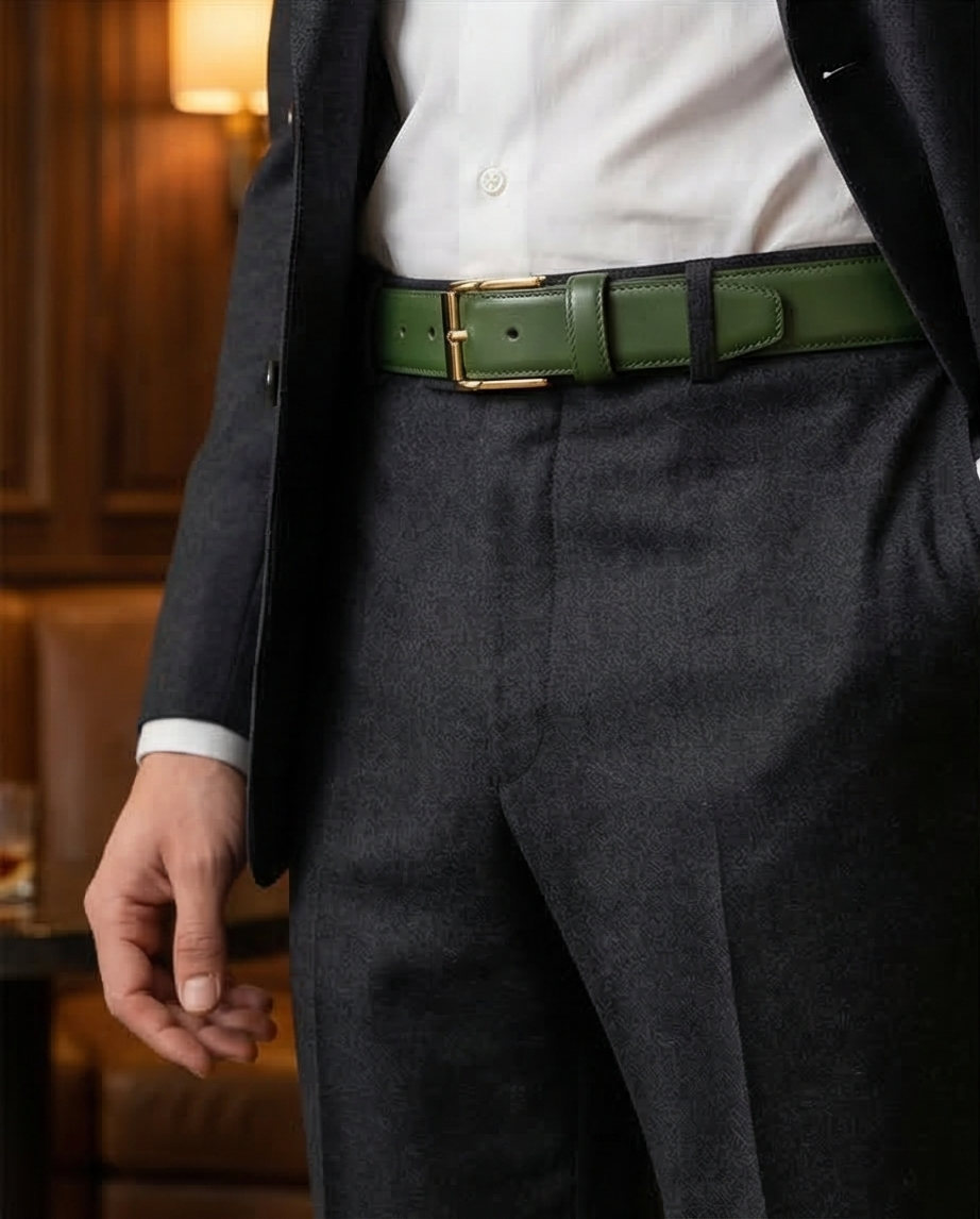 Image complète de la ceinture en cuir, montrant la surface lisse du cuir et la boucle effet doré