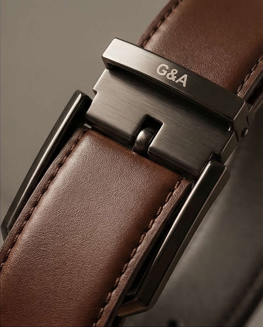 Ceinture en cuir marron portée avec des chaussures en cuir, créant un look business élégant.