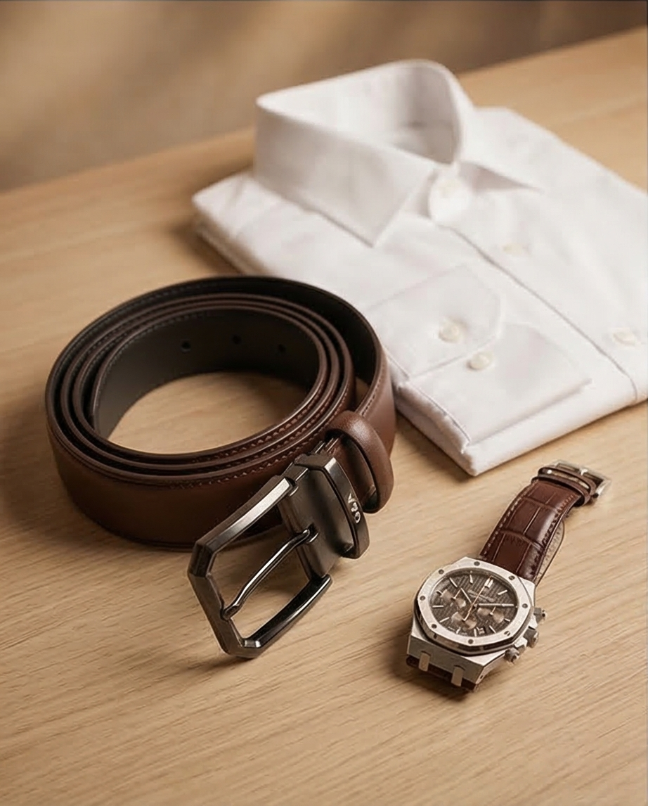 Vue latérale de la ceinture en cuir, montrant la fine structure du cuir et la boucle métallique noire.