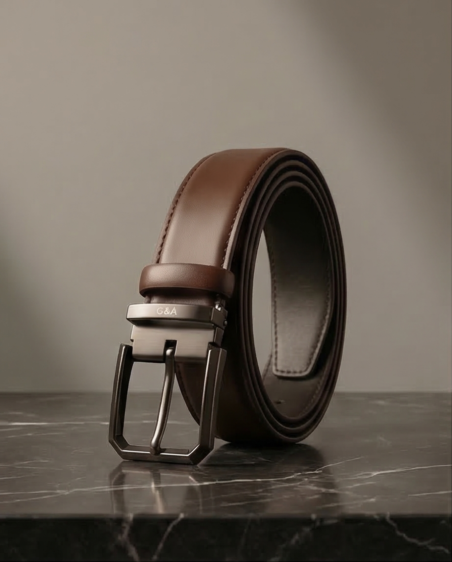 Gros plan sur le cuir marron souple, mettant en valeur la finition haut de gamme de la ceinture.