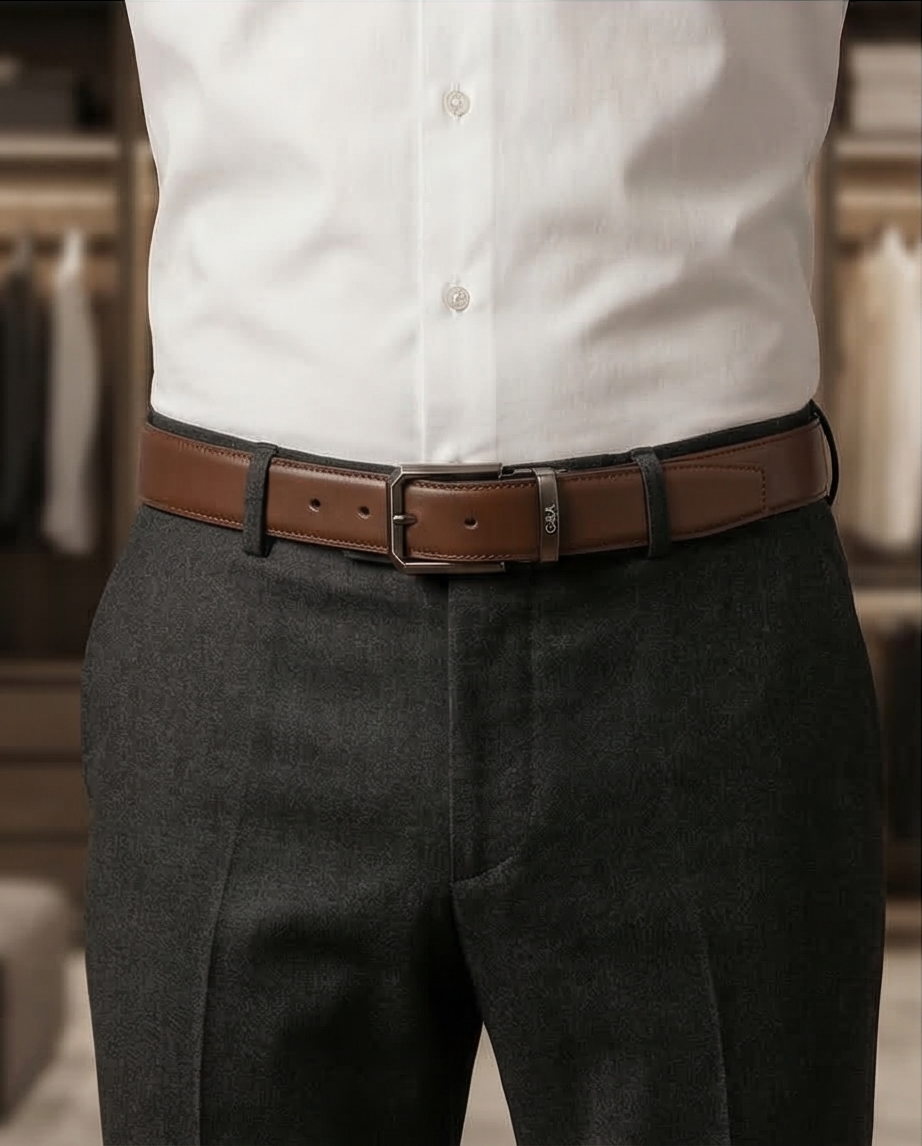 Vue de face de la ceinture en cuir marron avec boucle métallique noire, idéale pour les tenues business.