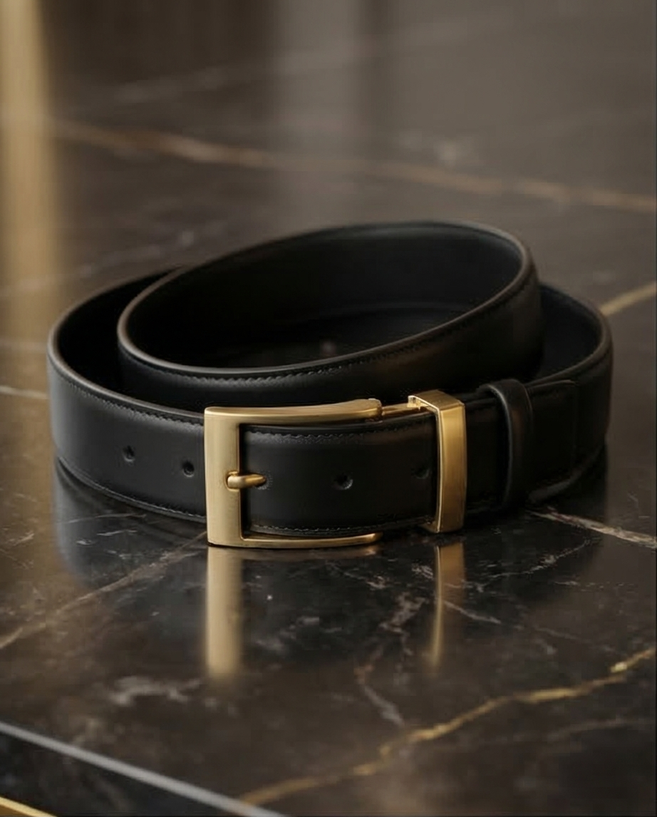 Gros plan sur la boucle dorée de la ceinture en cuir noir, finition précise.