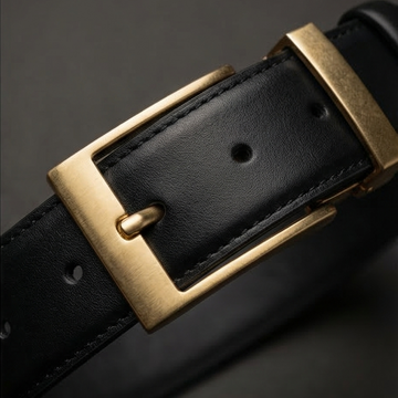 Vorderansicht des schwarzen matten Leder-Gürtels, goldene Schnalle im Mittelpunkt.