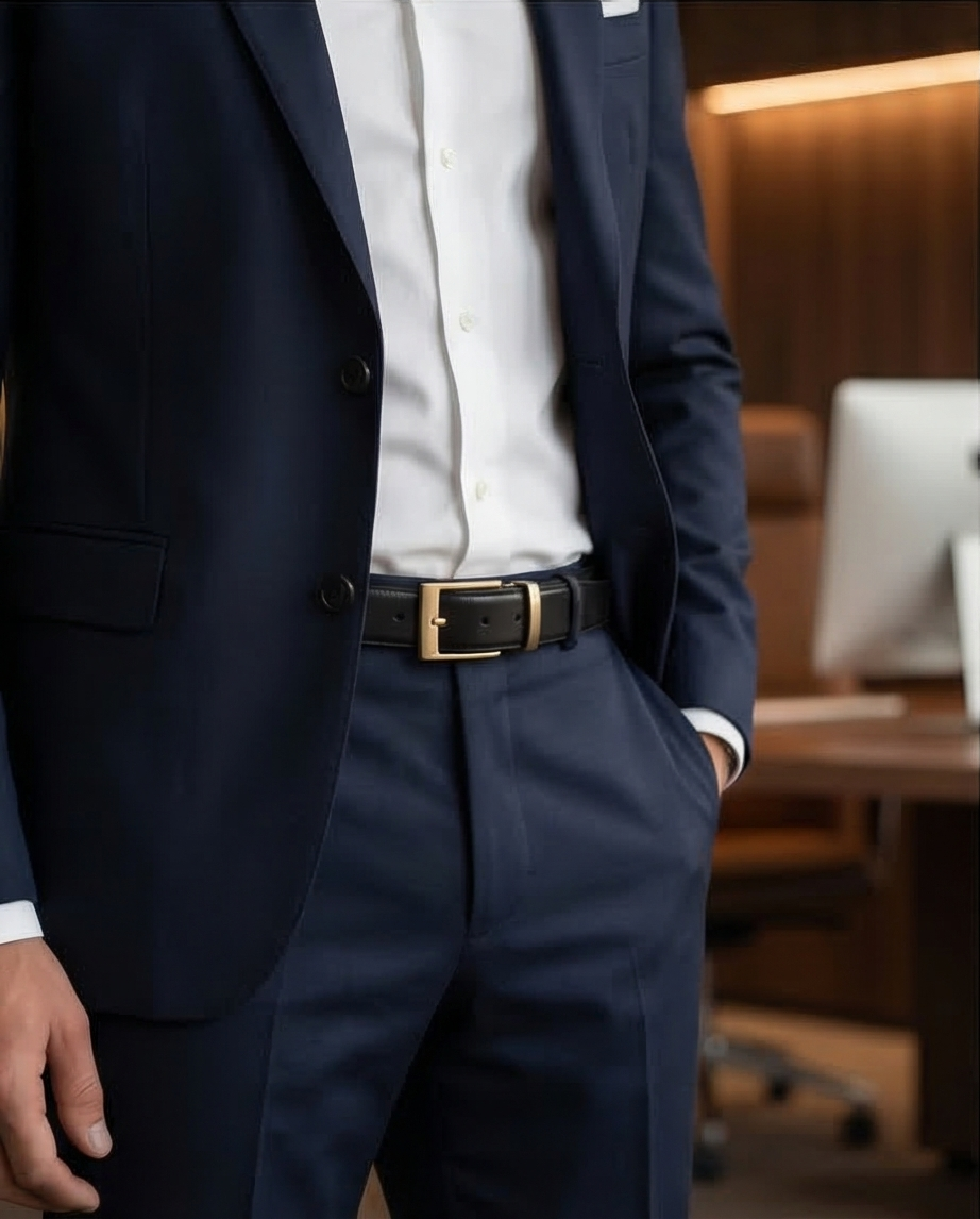 Vue latérale de la ceinture en cuir noir, boucle dorée mise en valeur.