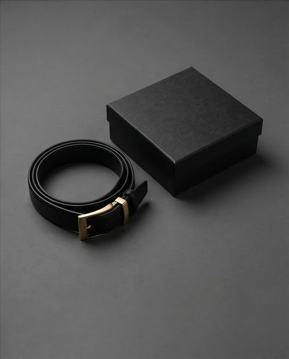 Vue arrière de la ceinture en cuir noir mat, surface lisse et boucle dorée.