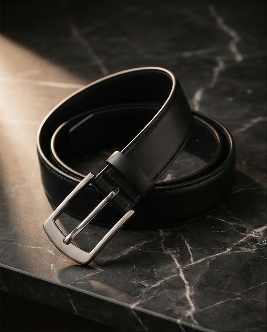 Vue de côté de la ceinture en cuir noire avec sangle réglable