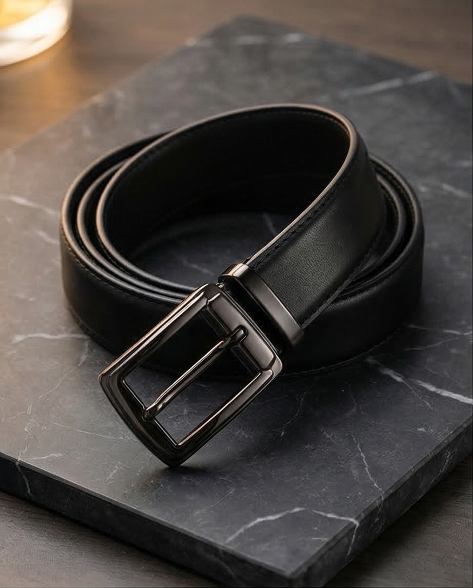 Vue arrière de la ceinture en cuir noir, fines coutures et teinte du cuir bien visibles