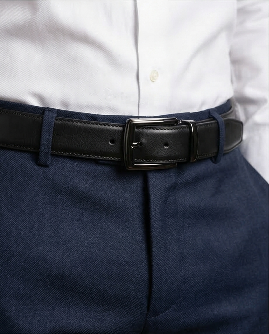 Vue de face de la ceinture en cuir noir, avec la boucle métallique brillante au premier plan