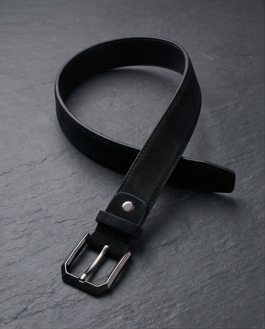 Bouton métallique de la ceinture en daim, détail élégant.