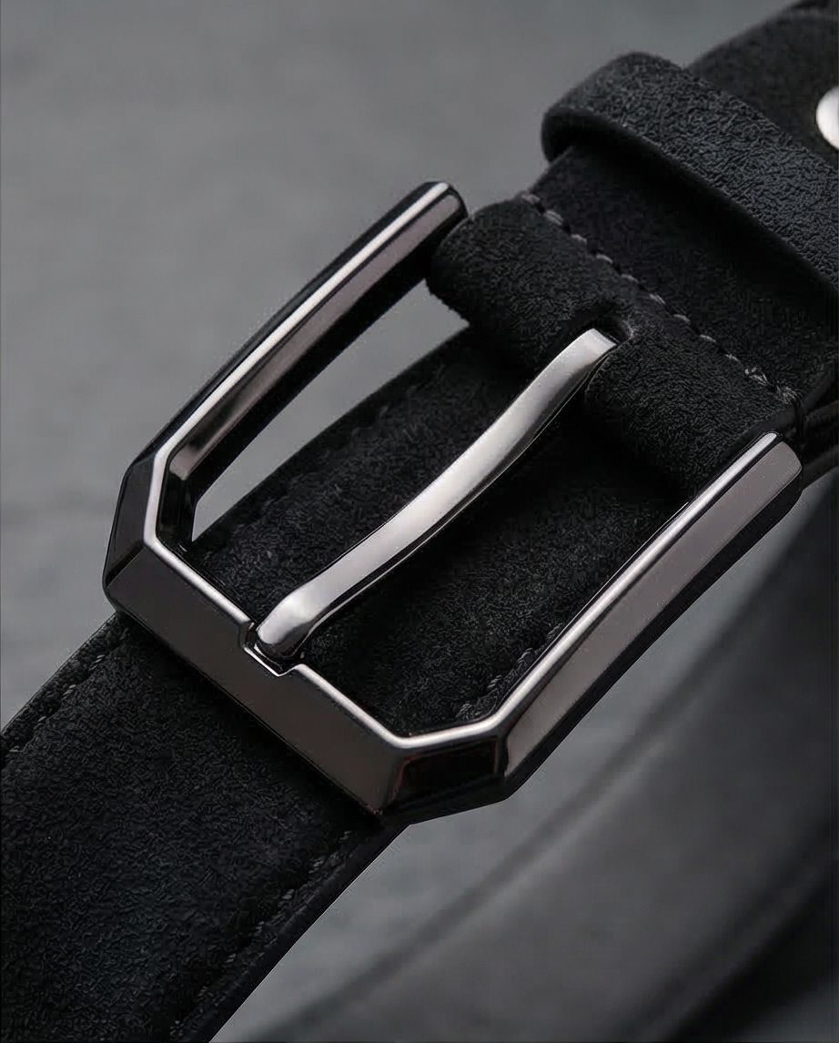 Vue de face de la ceinture noire en daim – texture veloutée au premier plan.