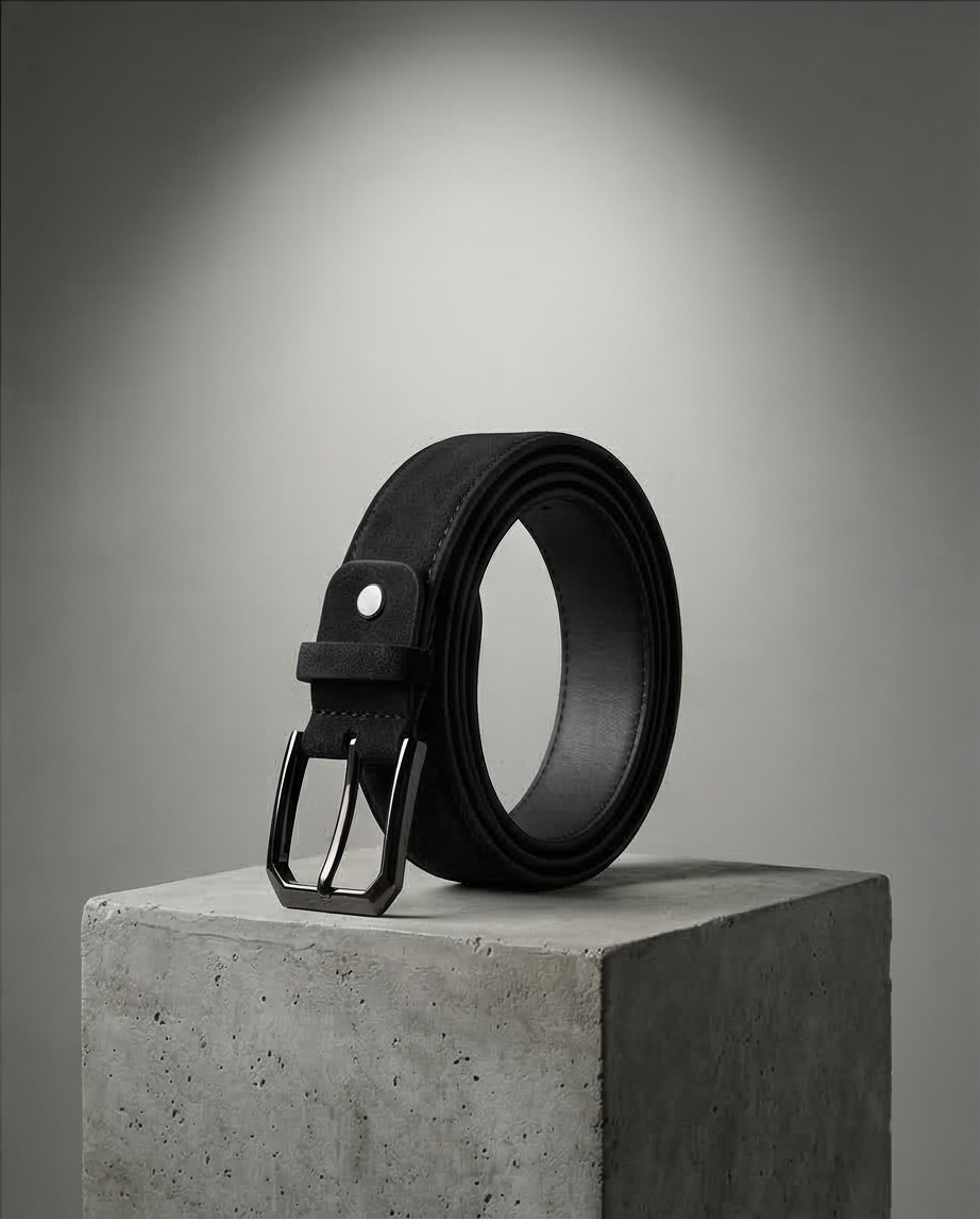 Ceinture noire robuste en daim, fabrication durable.