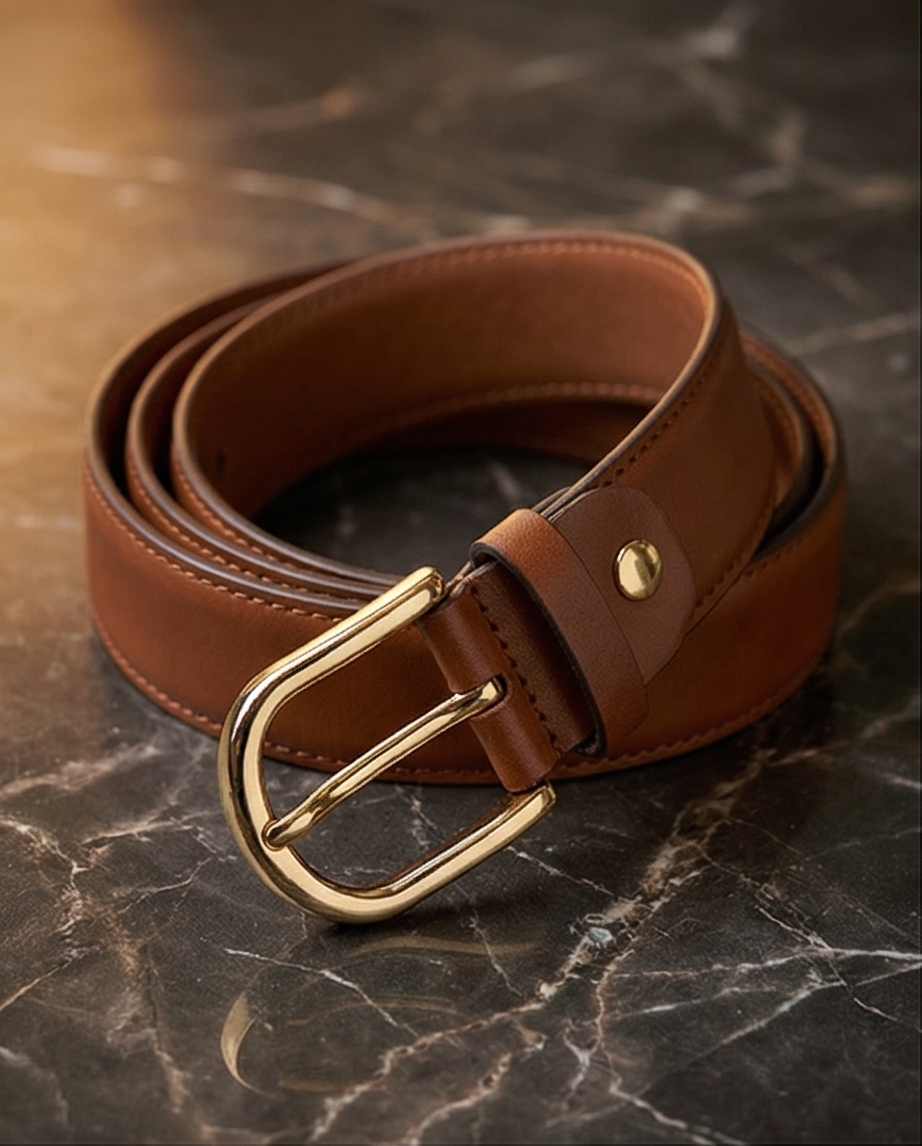 Herren Ledergürtel in Camel-Farbe getragen an einem eleganten Business‑Outfit.