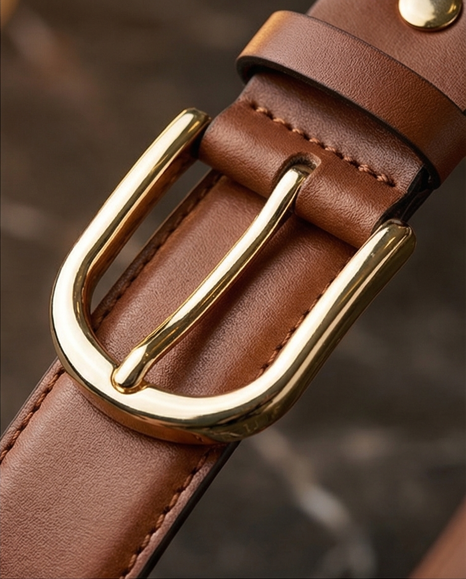Herren Ledergürtel in Camel-Farbe mit goldfarbener Schnalle – Vorderansicht des Ledergürtels.