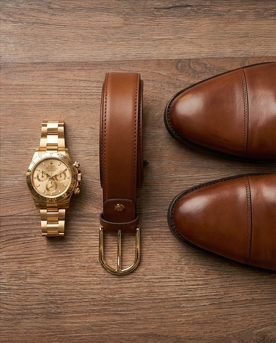Seitliche Ansicht des Camel Ledergürtels mit goldfarbener Schnalle – elegante Silhouette.