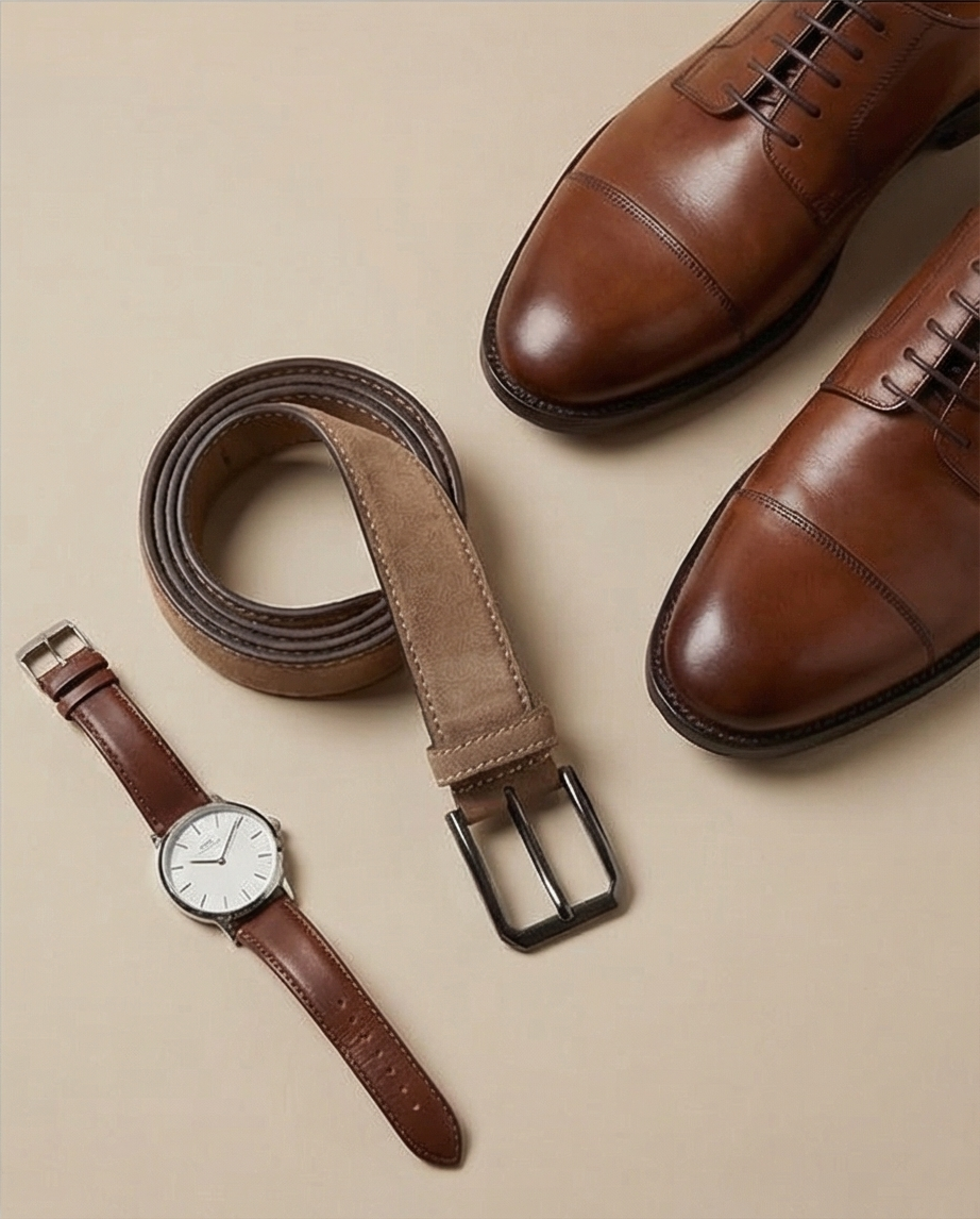 Wildledergürtel in Light Taupe als Teil eines Business-Outfits.