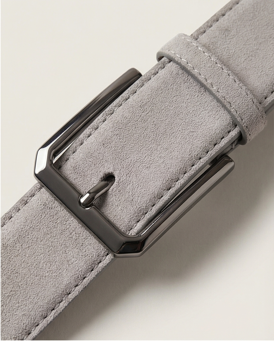 Vue de face de la ceinture en daim gris clair avec boucle métallique noire