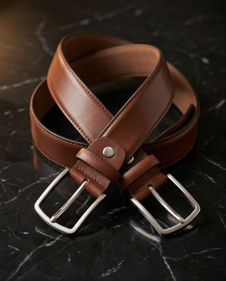 Vue latérale de la ceinture camel foncé montrant la structure robuste du cuir