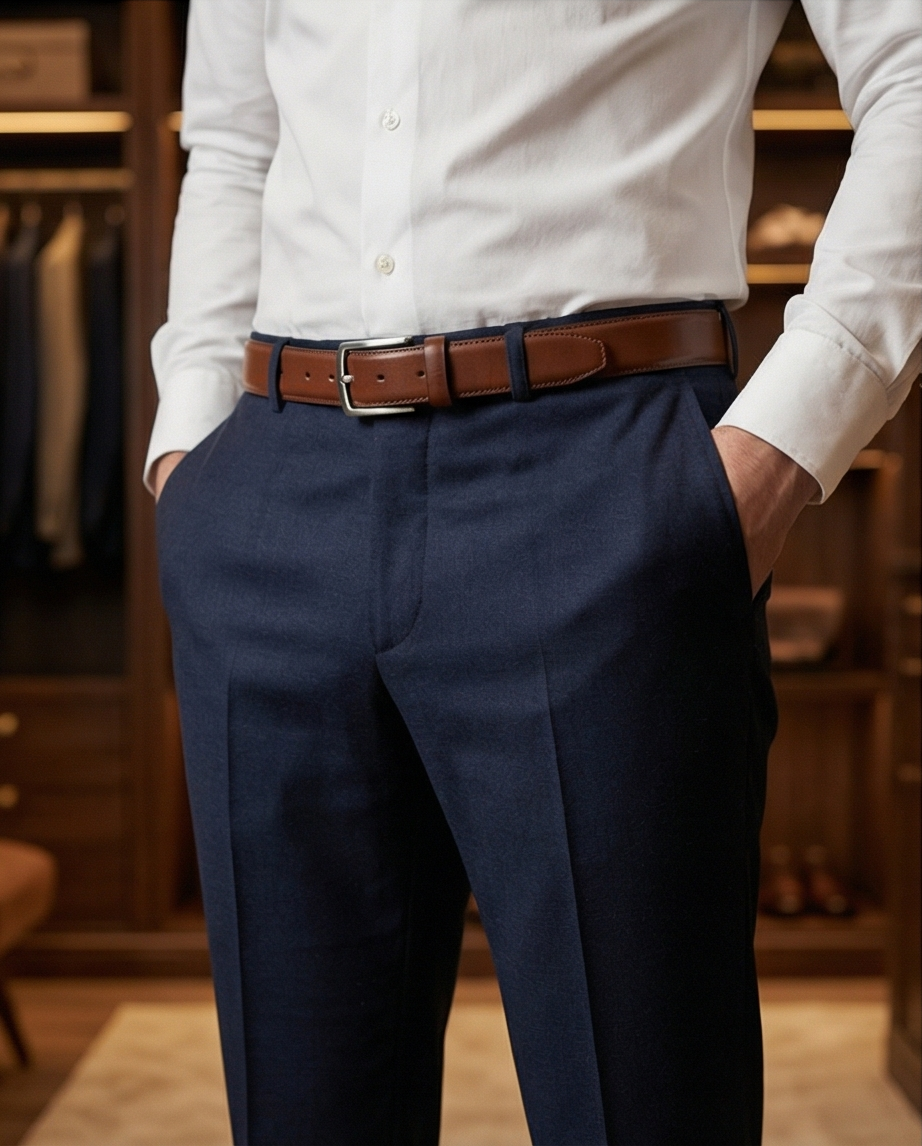 Gros plan sur l'élégante boucle métallique de la ceinture couleur camel foncé