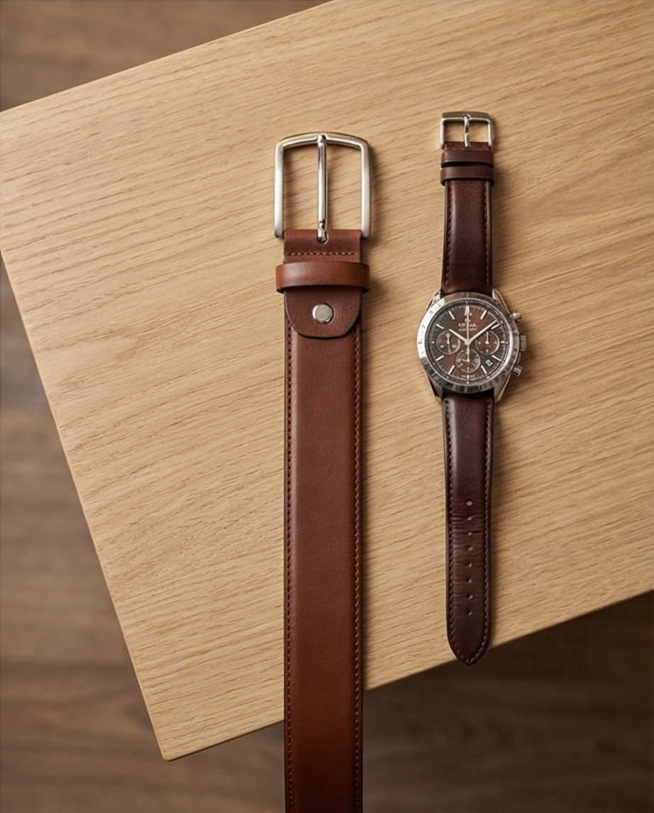 Gros plan sur le grain de la ceinture camel foncé, texture naturelle