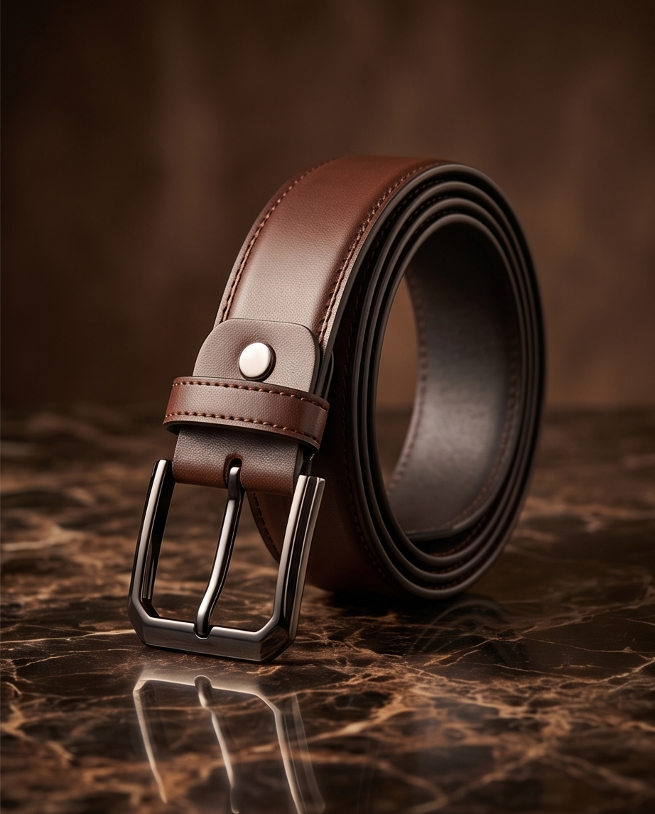Ceinture en pleine longueur, présentant la surface lisse en cuir marron et la silhouette classique.