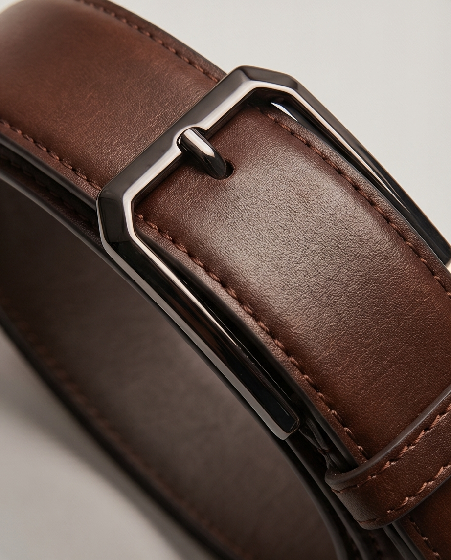 Gros plan sur la ceinture en cuir marron avec boucle métallique argentée – des détails élégants au premier plan.