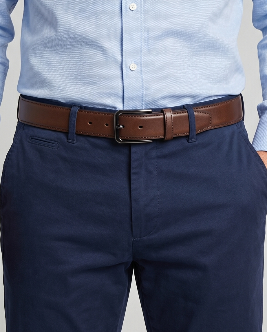 Ceinture vue de côté, montrant la surface de cuir lisse et la boucle réglable.