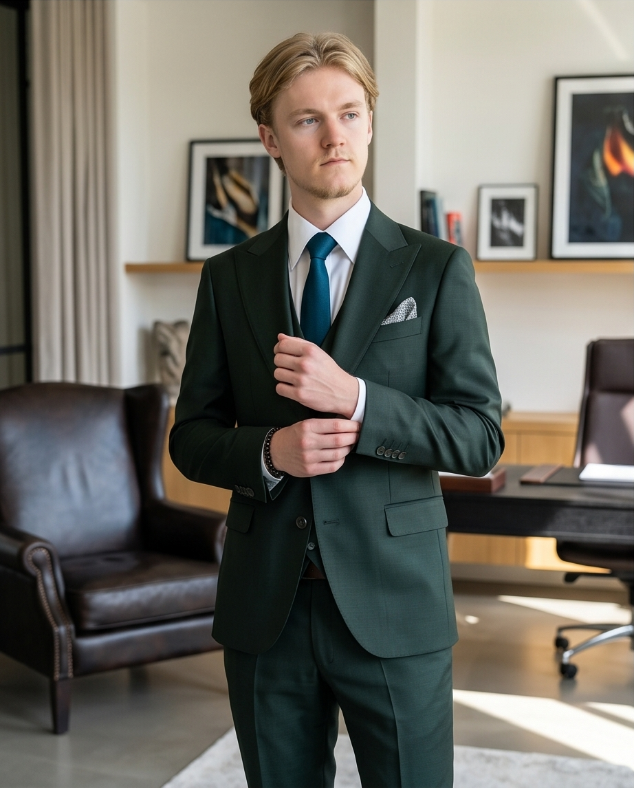 Rückansicht des Dunkelgrün Slim Fit Herrenanzugs, zeigt die klassische Rückenfalte
