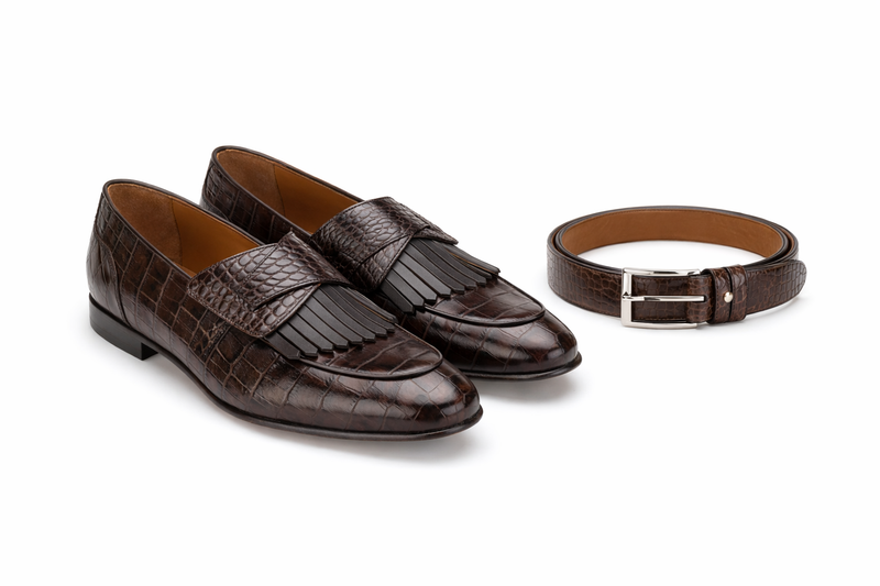 Schuh im Alltag – Loafer in neutralem Braun auf einem eleganten Holzboden