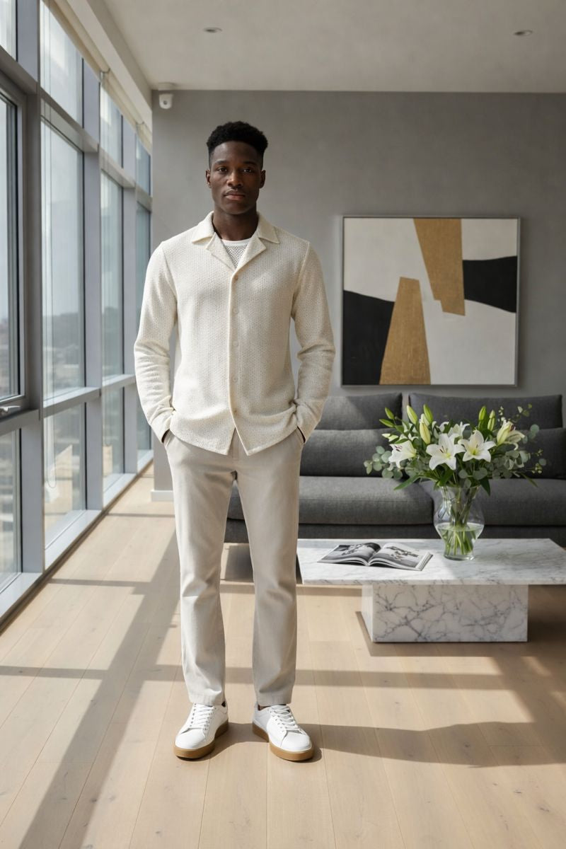 Vue complète de la chemise homme en tricot de coton coupe Regular Fit, devant avec patte de boutonnage classique.