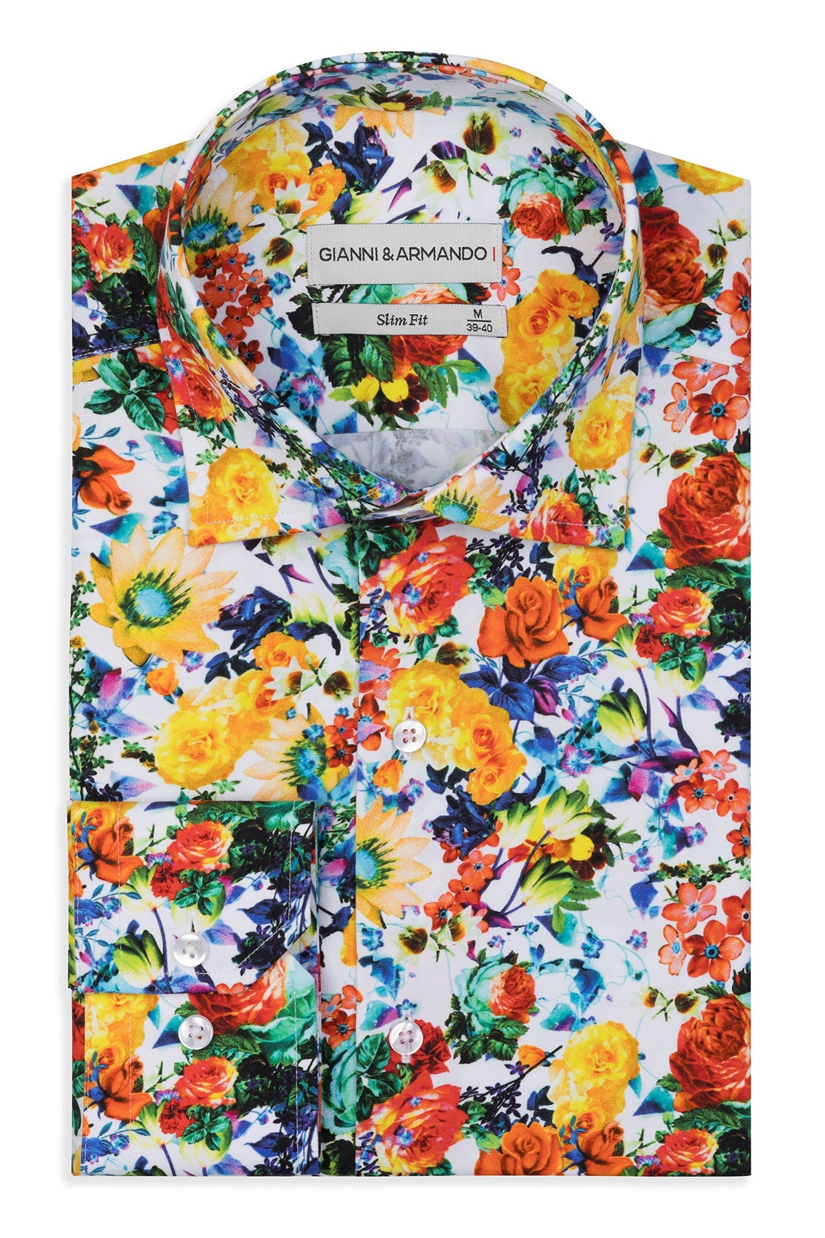 Vorderansicht des Slim Fit Hemdes mit buntem Blumenmuster aus satinierter Baumwolle
