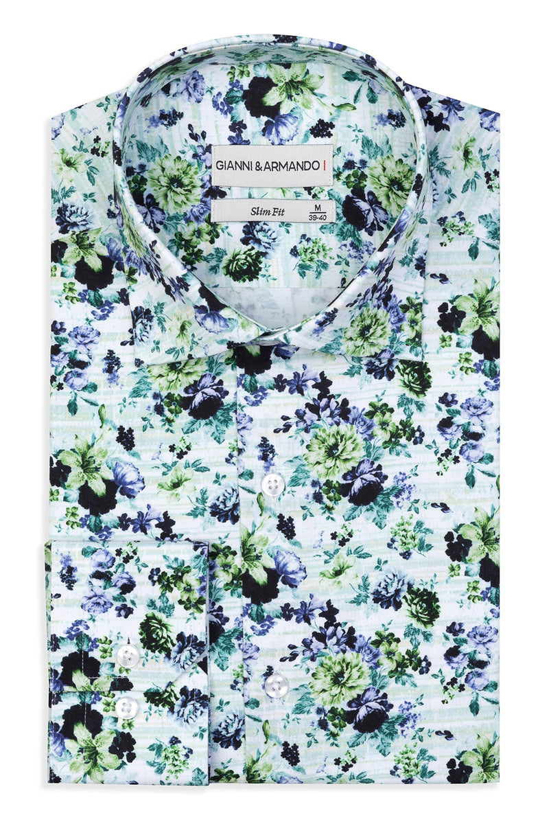 Vorderansicht des Slim‑Fit Hemdes mit lebendigem Blumenmuster in Multicolor
