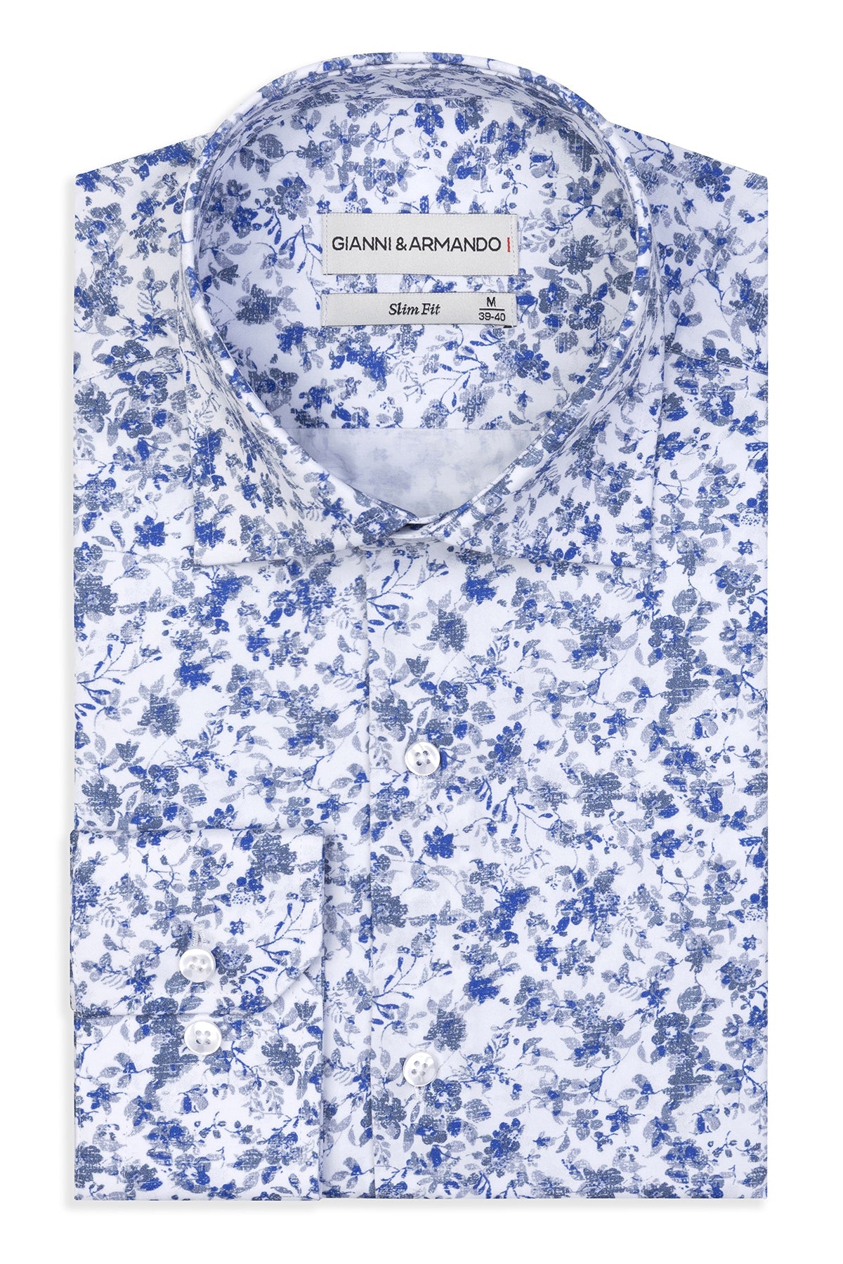 Vue de face de la chemise slim fit au délicat motif floral bleu et blanc