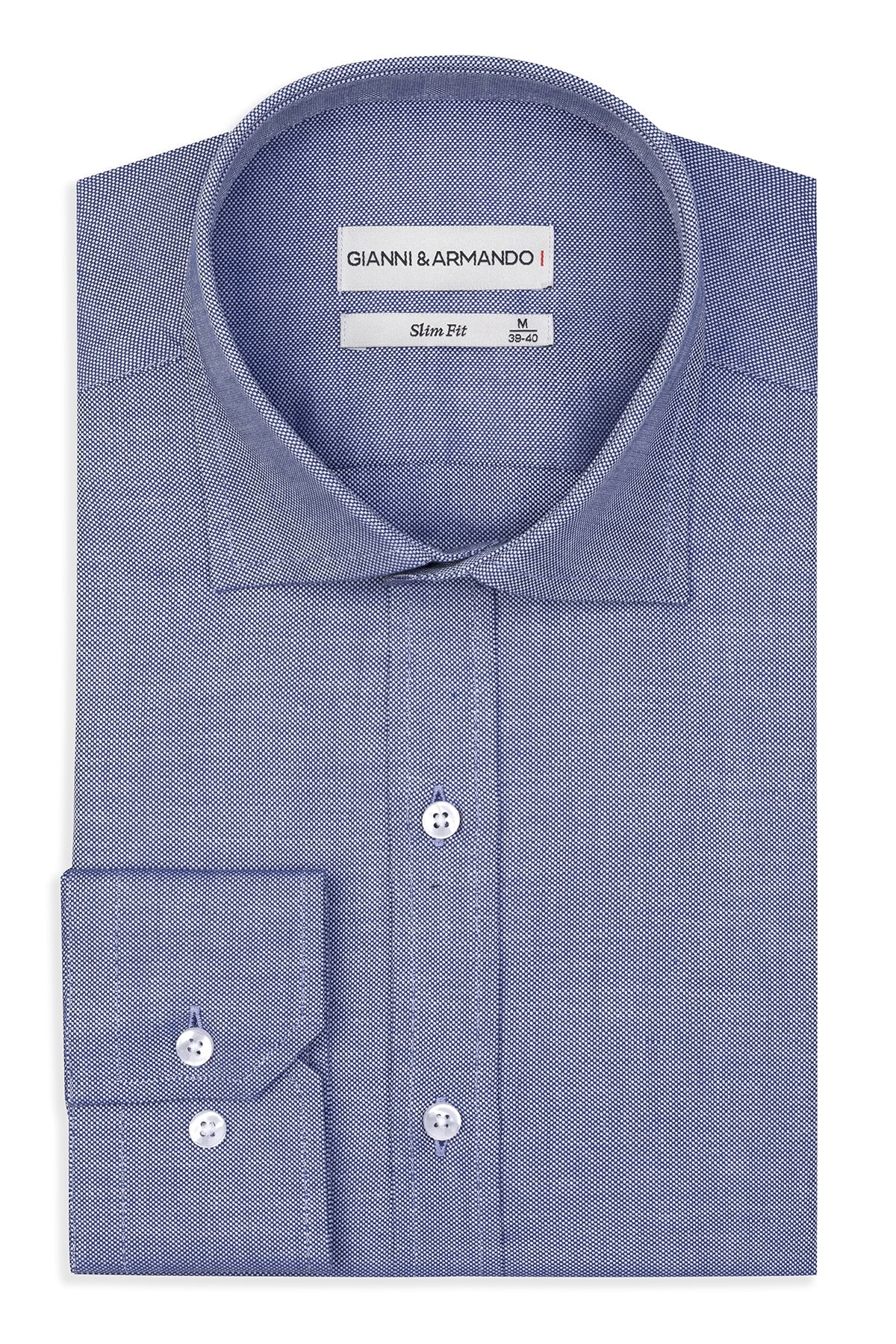 Slim Fit Business Hemd in Blau, Vorderansicht mit Kent-Kragen und Knopfverschluss
