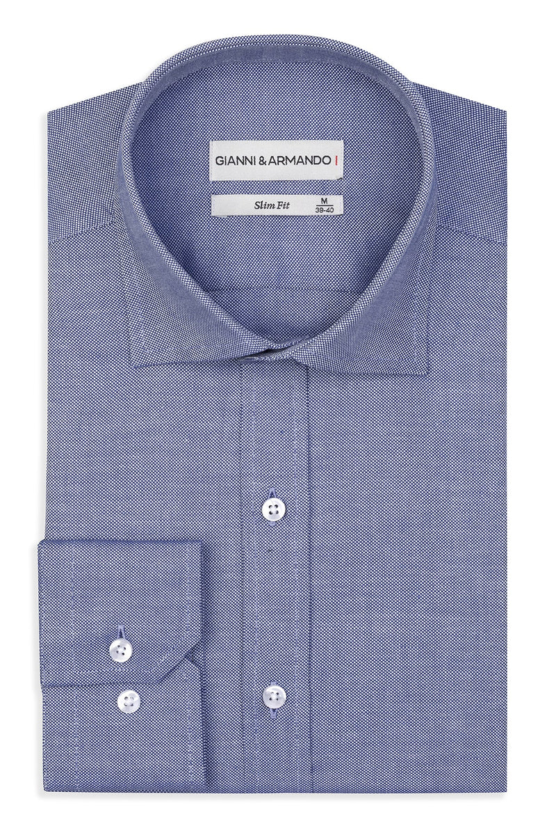 Slim Fit Business Hemd in Blau, Vorderansicht mit Kent-Kragen und Knopfverschluss