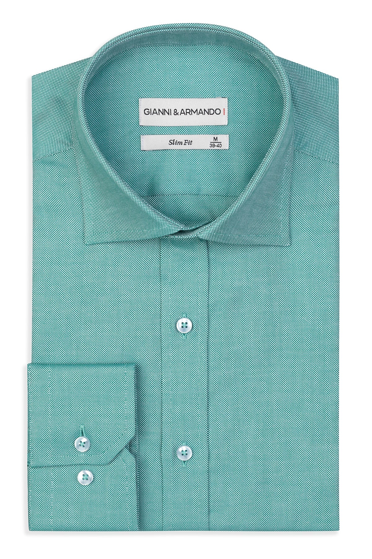Detailaufnahme des Slim Fit Business Hemds in Grün mit feiner Kent-Kragenstruktur.